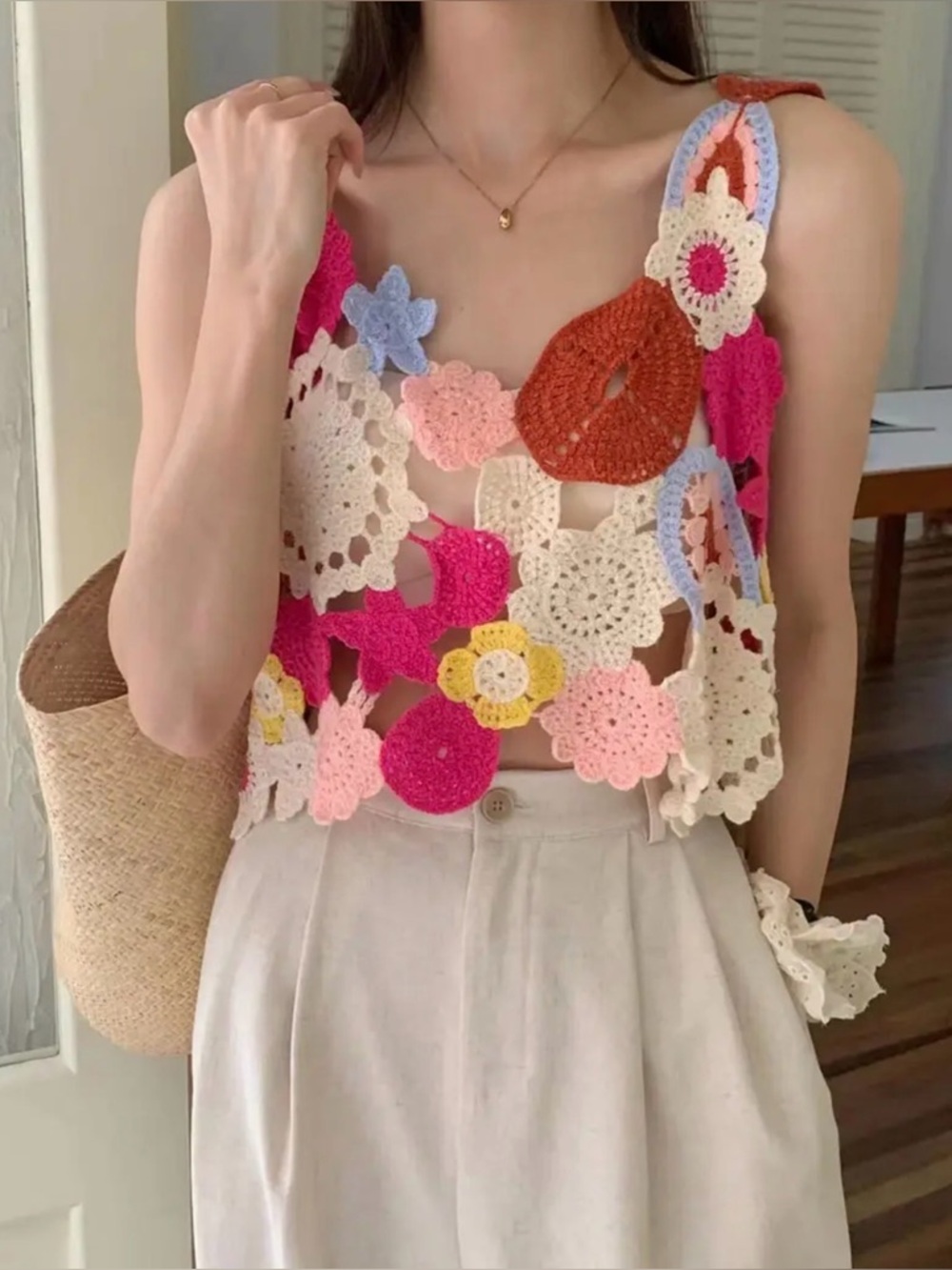 NWOT Crochet Tank Top Cover Up Top in multi-color red and pink